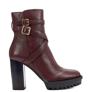 Vince Camuto Elisen Elderberry Burgundy Leather Lug Sole Ankle Buckle Boot EUC 8